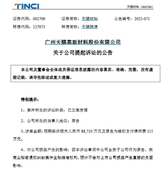 材料巨头对簿公堂！天赐材料索赔近89亿元K8凯发·国际网站前总工程师泄密两大锂电